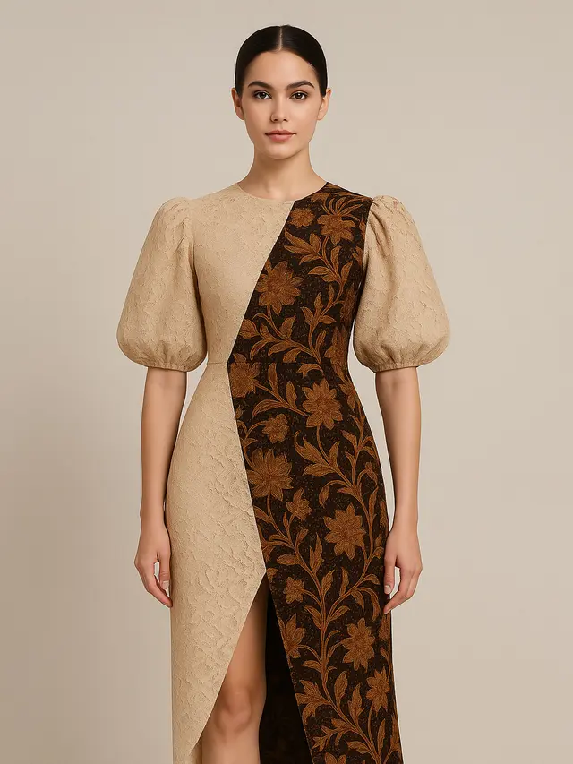 Dress Batik Kombinasi Brokat Belah Samping