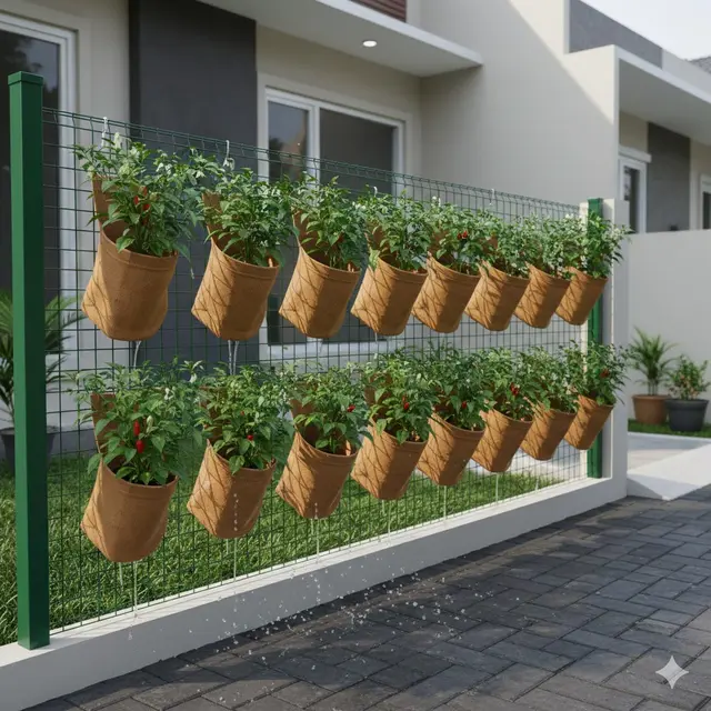 Menanam Cabai di Model Kebun Cabai di Pagar Rumah dengan Pouch Gantung Fabric (Gemini AI)