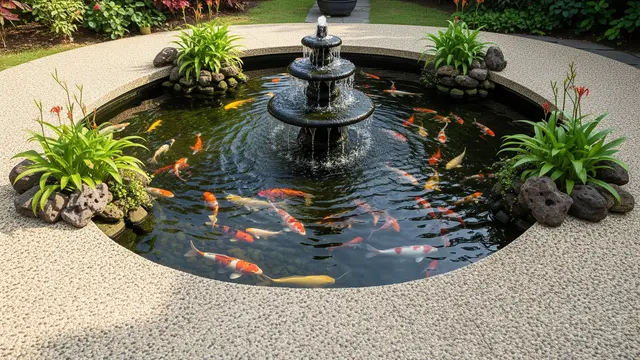 Kolam Air Mancur dengan Permukaan Batu Sikat