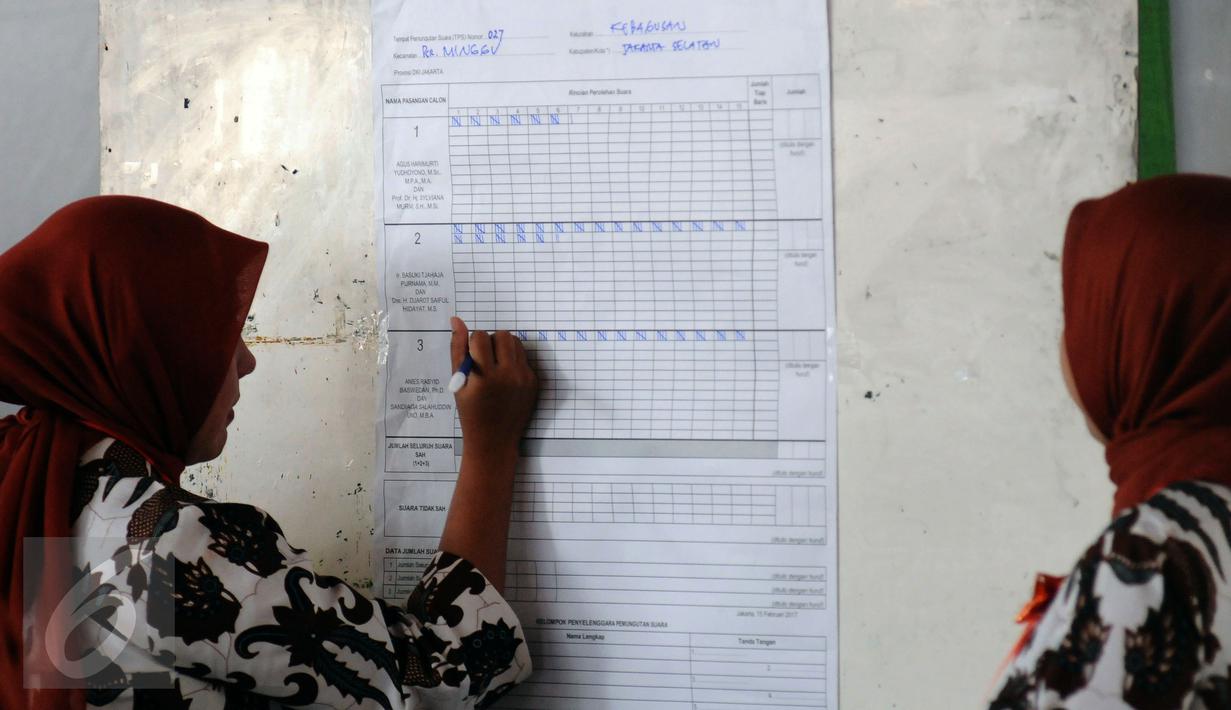 Petugas KPPS mencatat hasil perolehan surat suara Pilkada DKI Jakarta di TPS 027 Kebagusan, Jakarta, Rabu (15/2). Ahok-Djarot unggul dengan 254 suara sementara Anies-Sandi 207 serta AHY-Sylvi 85. (Liputan6.com/Helmi Fithriansyah)