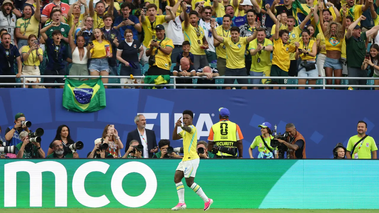 Selebrasi Vinicius Jr saat Brasil mencukur Skotlandia di Piala Dunia 2026