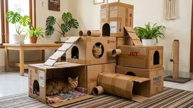 Ide Tempat Bermain Kucing dari Barang Bekas