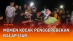 Momen kocak terekam saat balap liar akan dimulai. Dua pebalap bersiap mengambil posisi start dan disaksikan puluhan orang. Puluhan orang yang fokus pada balapan tidak menyadari kehadiran aparat.