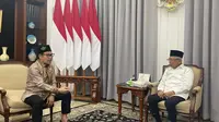 Ketum PKB Muhaimin Iskandar bertemu Wakil Presiden Ma'ruf Amin di rumah dinas Wapres RI, Jakarta, Senin (15/5/2023) sore. Cak Imin mengklaim mendapat dukungan maju sebagai cawapres mendampingi Prabowo Subianto. (Foto: Istimewa)