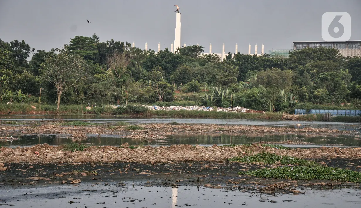 Sampah bercampur eceng gondok di Situ Pengarengan, Depok, Jawa Barat, Minggu (10/10/2021). Sampah dan sedimentasi lumpur menjadi pemandangan baru di Situ Pengarengan akibat proyek normalisasi yang dikerjakan oleh DPUPR Kota Depok tidak berjalan sejak hampir sebulan. (merdeka.com/Iqbal S Nugroho)