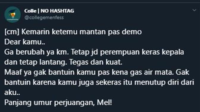 Tak selalu berakhir ricuh, ini beberapa momen manis antar mahasiswa saat aksi demo. Bikin baper! (Sumber: Twitter/@collegemenfess)