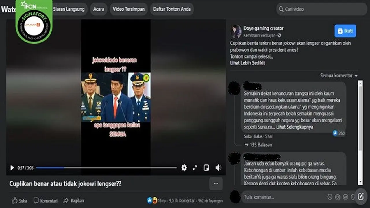 Gambar Tangkapan Layar Kabar Hoaks Jokowi Lengser dari Kursi Presiden dan Digantikan oleh Prabowo Subianto (sumber: Facebook).