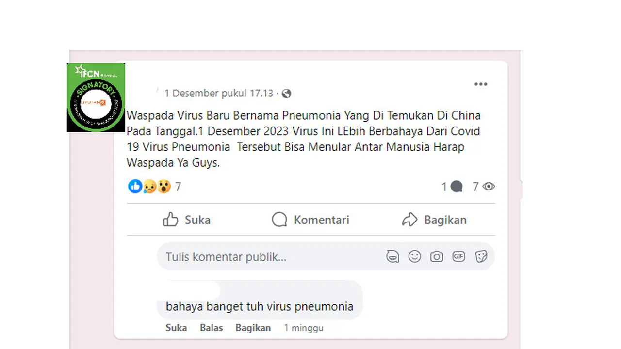Tangkapan layar salah satu hoaks terkait pneumonia virus baru lebih berbahaya dari Covid-19