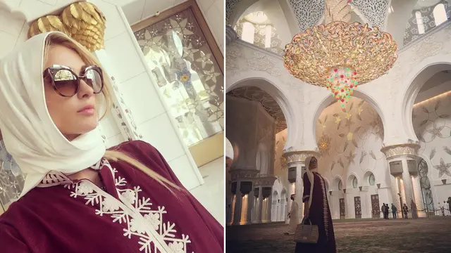 Paris Hilton mengunjungi Masjid Agung Sheikh Zayed di Abu Dhabi, Uni Emirat Arab. (Instagram/ parishilton - https://www.instagram.com/p/BNYkqfCA56E/ dan https://www.instagram.com/p/BNZkhCQAbzR/)
