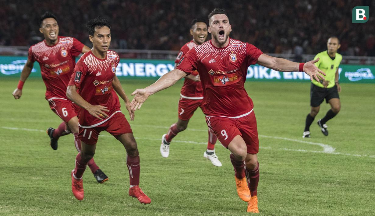 Striker Persija Jakarta, Marko Simic, merayakan gol yang dicetaknya ke gawang Bali United pada final Piala Presiden di SUGBK, Jakarta, Sabtu (17/2/2018). Persija menang 3-0 atas Bali United. (Bola.com/Vitalis Yogi Trisna)