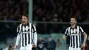 Penyerang Juventus, Alessandro Matri (kiri) merayakan selebrasi usai mencetak gol  pada leg kedua Semifinal  Coppa Italia di stadion Artemio Franchi, Italia, Rabu (8/4/2015). Juventus menang 3-0 atas Fiorentina. (AFP PHOTO/Filippo Monteforte)