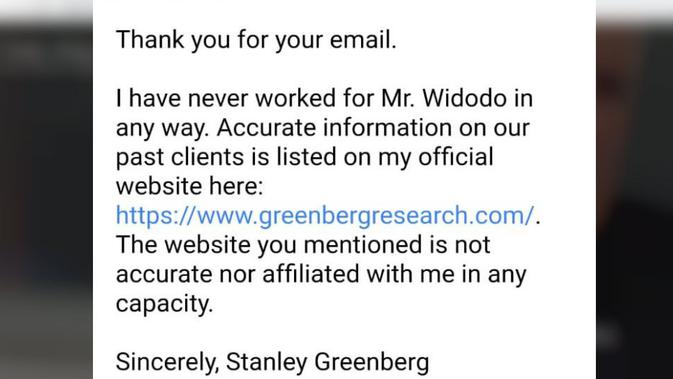 Isi surat elektronik Stanley Greenberg kepada Liputan6.com