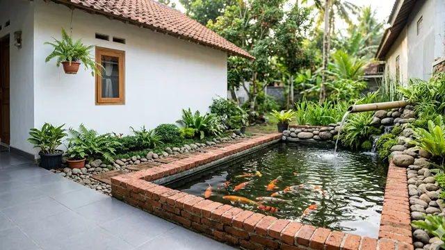 Inspirasi Model Kolam Ikan Memanjang di Samping Rumah Subsidi yang Menenangkan. Gemini