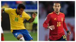 Thiago Alcantara. Gelandang Liverpool ini dilahirkan di Italia dan besar di Spanyol dari orang tua asal Brasil. Akhirnya ia lebih memilih untuk memperkuat Timnas Spanyol. Sementara sang adik, Rafinha yang lahir di Brasil tentunya memperkuat Timnas Brasil. (Kolase AFP)