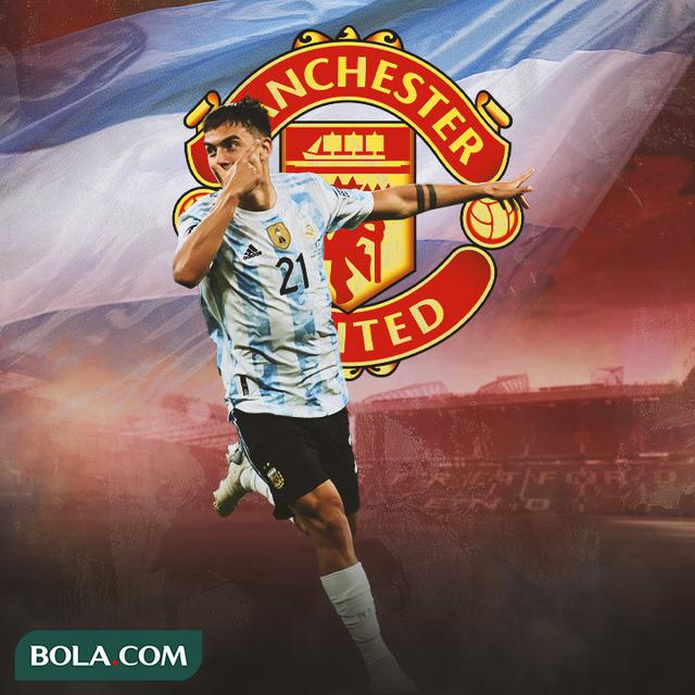 Ilustrasi - Paulo Dybala dengan Background Manchester United