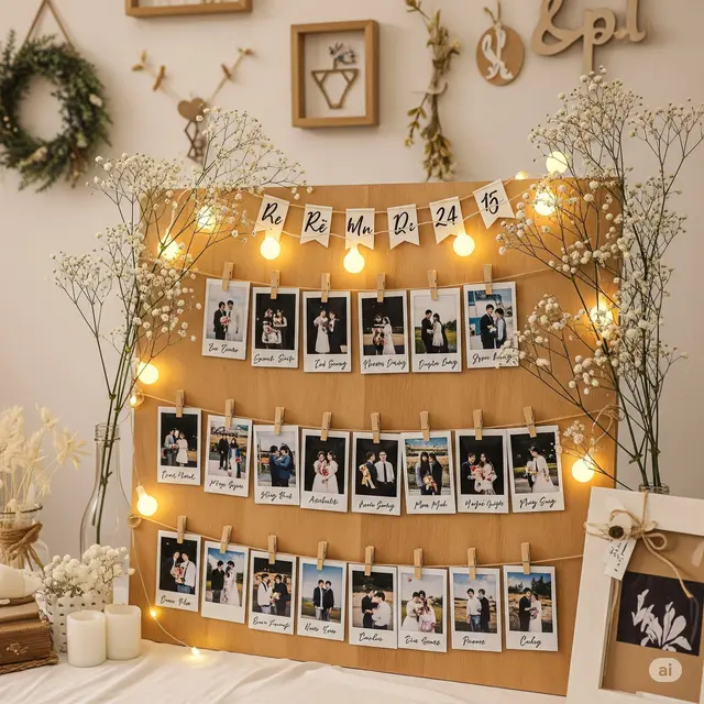 Dekorasi Nikah Sederhana di Rumah Display Foto Polaroid di Papan Kayu