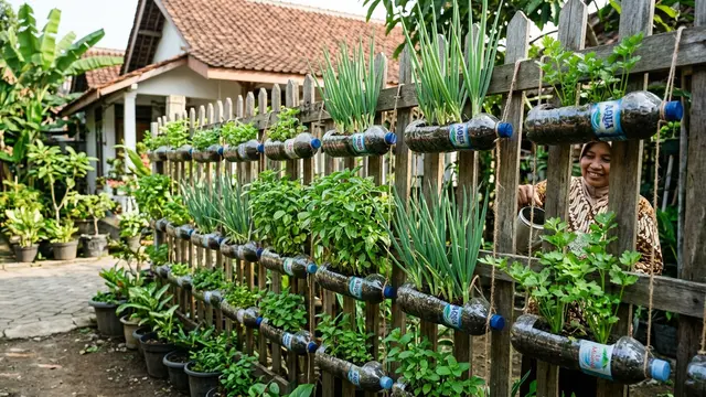 Desain Kebun Mini di Pagar Rumah Pakai Botol Plastik (AI Generated)