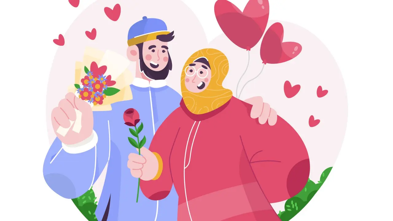 Ilustrasi pasangan cinta, bahagia, muslim