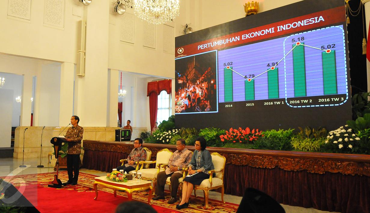 Presiden Joko Widodo bersama Menkeu, Sri Mulyani, Menko Perekonomian, Darmin Nasution dan Ketua Dewan Komisioner OJK, Muliaman Hadad saat pertemuan awal tahun 2017 dengan pelaku industri jasa keuangan, Jakarta, Jumat (13/1). (Liputan6.com/Angga Yuniar)