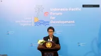 Menlu Retno Marsudi dalam menyampaikan press briefing mengenai Indonesia-Pacific Forum for Development (IPFD) pada Rabu (6/12/2022).