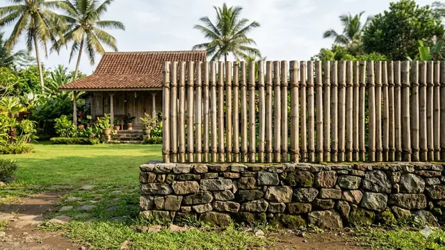 Model Pagar Rumah Rustic dari Bambu dan Batu Alam
