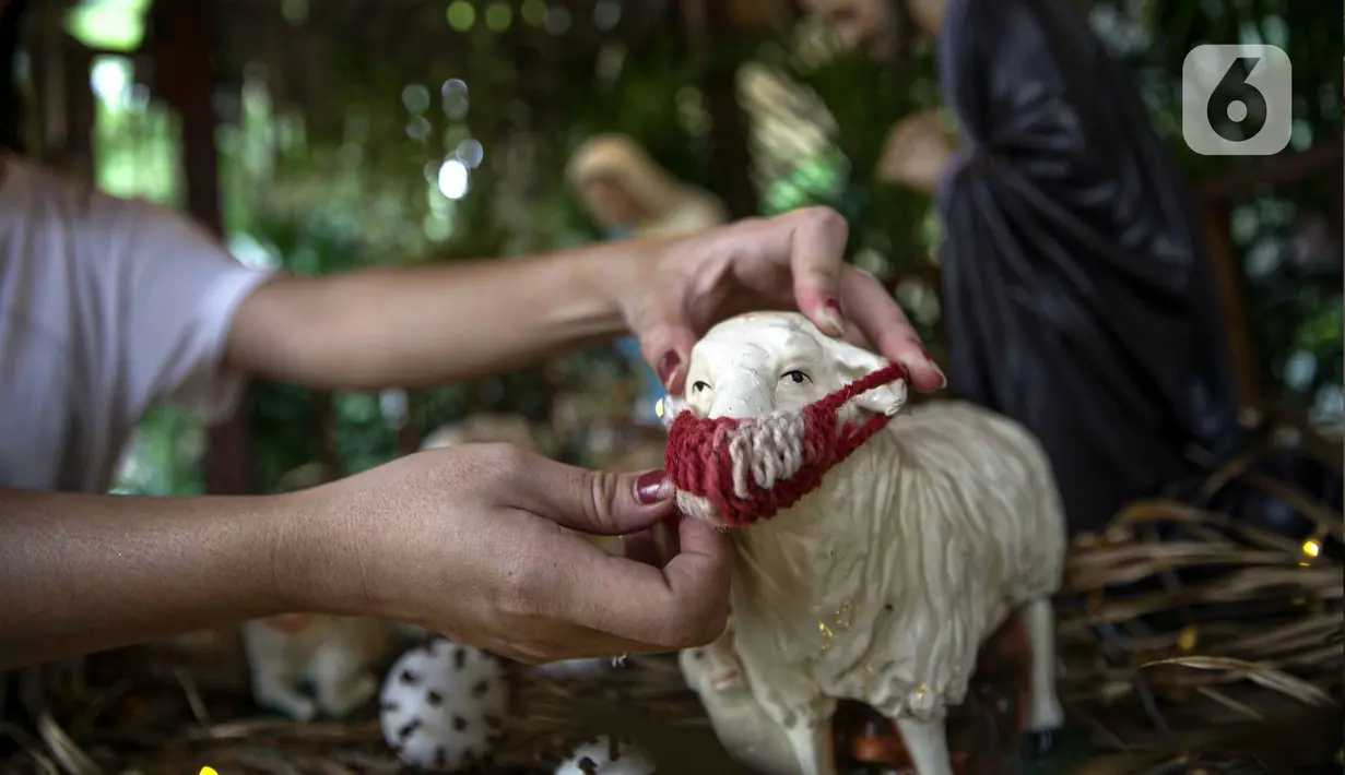 Patung kambing dipasangi masker selama masa pandemi virus corona COVID-19 di Gereja Theresia, Jakarta, Minggu (20/12/2020). Dekorasi bernuansa pandemi COVID-19 dan kesederhanaan disiapkan untuk memeriahkan perayaan Natal tahun ini. (Liputan6.com/Faizal Fanani)