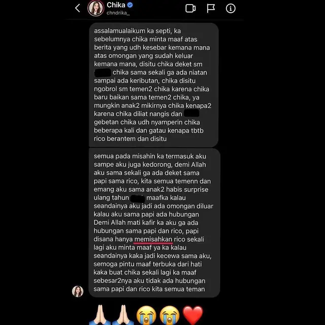 Istri Putra Siregar Bongkar Isi Chat dari Chandrika Chika, Sampaikan Permohonan Maaf