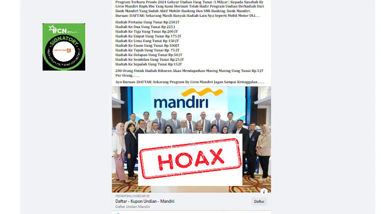 Tangkapan layar hoaks pembagian hadiah mencatut Bank Mandiri