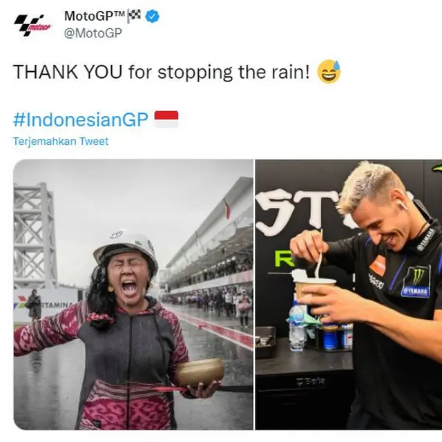 Tangkapan layar akun Twitter MotoGP mengunggah aksi pawang hujan Rara Isti Wulandari di Sirkuit Mandalika, Lombok, NTB