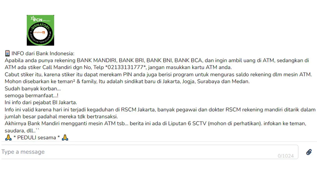 Tangkapan layar klaim stiker Call Mandiri di ATM dapat menguras saldo rekening