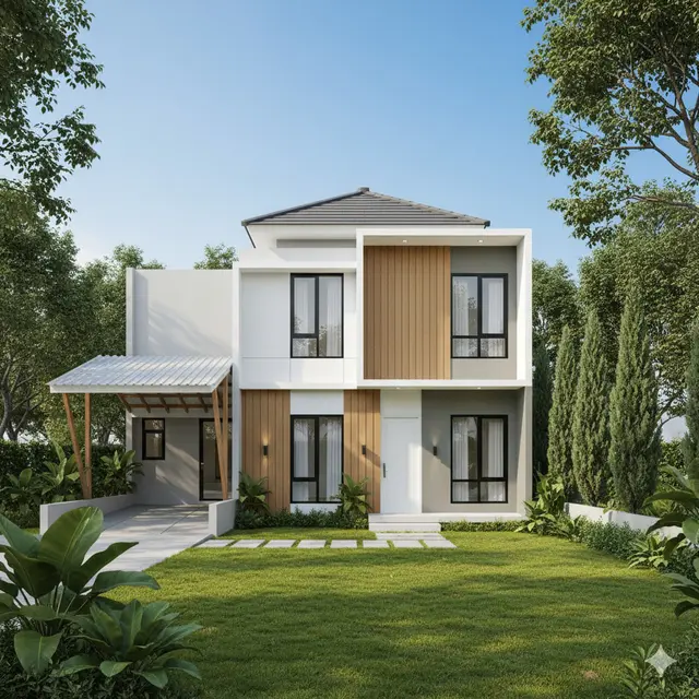 Denah Rumah 2 Lantai Dengan Carport dan Taman