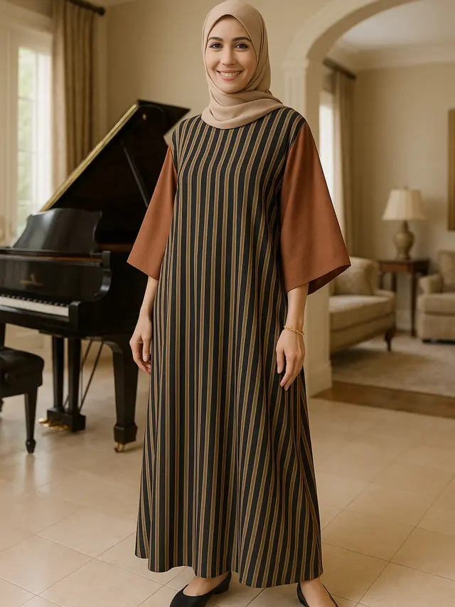 Model Gamis Lurik Kombinasi Polos di Lengan untuk Ibu-ibu 40 Tahun