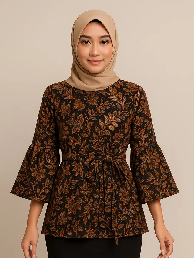 Gaya Batik Kombinasi Lengan Lonceng Bertali Hijab Friendly (Image by ChatGPT)