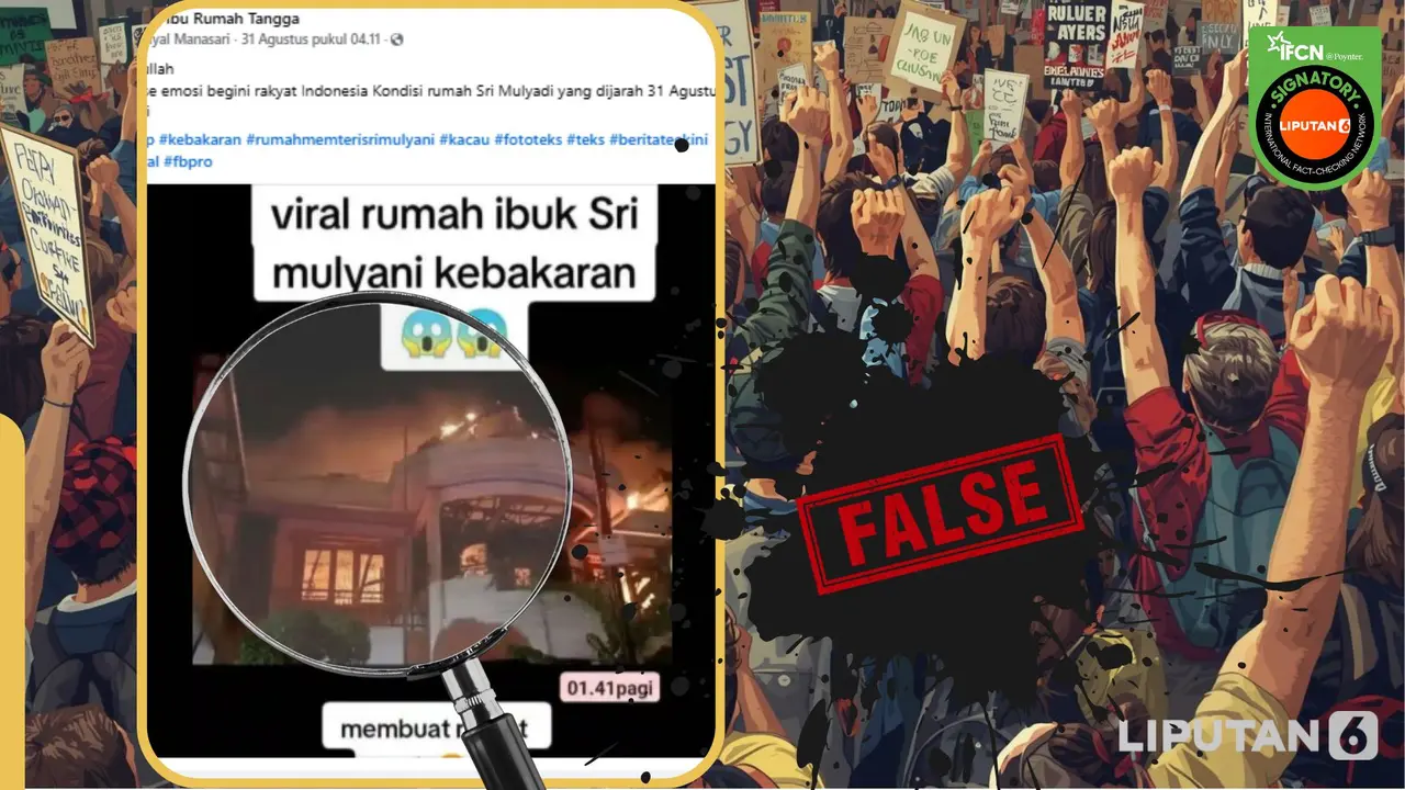 Tangkapan layar klaim foto kondisi rumah Sri Mulyani kebakaran saat dijarah