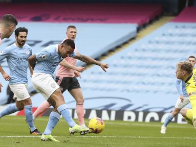 Pertandingan baru berjalan sembilan menit, Manchester City berhasil memimpin lebih dulu melalui gol yang diciptakan oleh Gabriel Jesus. (Foto: AP/Pool/Martin Rickett)