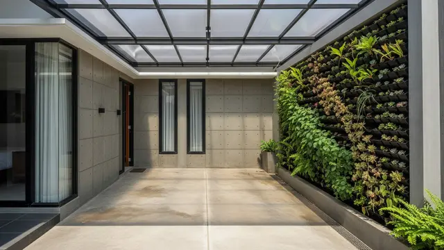 Carport Atap Transparan dengan Taman Kering Vertikal (The Modern Greenhouse)