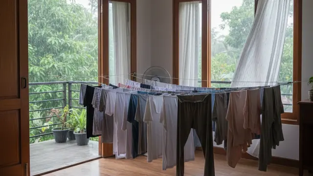 Trik mengatasi pakaian bau apek saat hujan (Foto: Gemini AI)