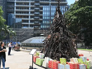 Dua wanita melihat instalasi yang dijuluki 'Pohon Natal yang Terbakar' di Sydney (18/12/2019). Instalasi Pohon Natal ini untuk mendukung Dana Bantuan dan Pemulihan Bencana Palang Merah Australia di tengah situasi kebakaran hutan. (AFP/Peter Parks)