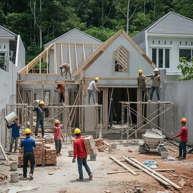 Ilustrasi kelompok tukang yang membangun rumah.