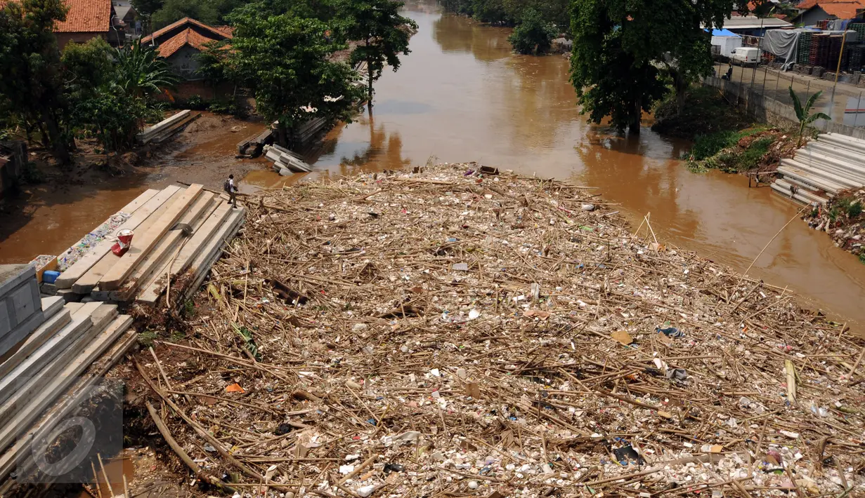 Puluhan ton sampah menumpuk di kolong jembatan Rawajati, Kalibata, Jakarta, Senin (16/11/2015). Sampah yang didominasi batang bambu terbawa arus sungai Ciliwung akibat hujan deras yang melanda Bogor pada Minggu (15/11). (Liputan6.com/Helmi Fithriansyah)