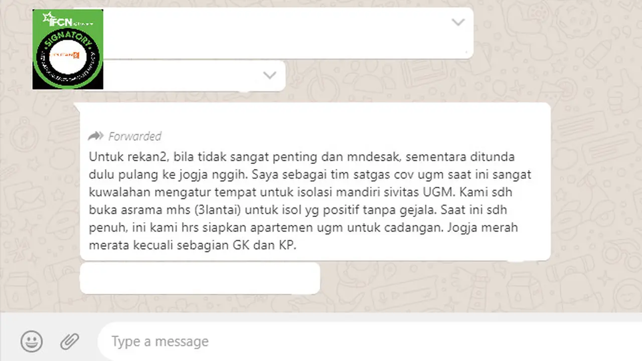 Cek Fakta Liputan6.com menelusuri klaim informasi dari Satgas Covid-19 UGM terkait penuhnya tempat isolasi mandiri