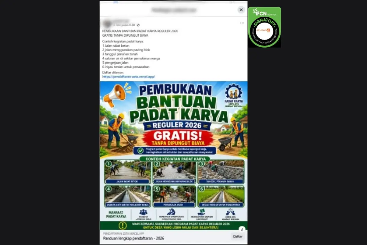 Cek Fakta Liputan6.com mendapati klaim link pendaftaran bantuan padat karya reguler 2026. (