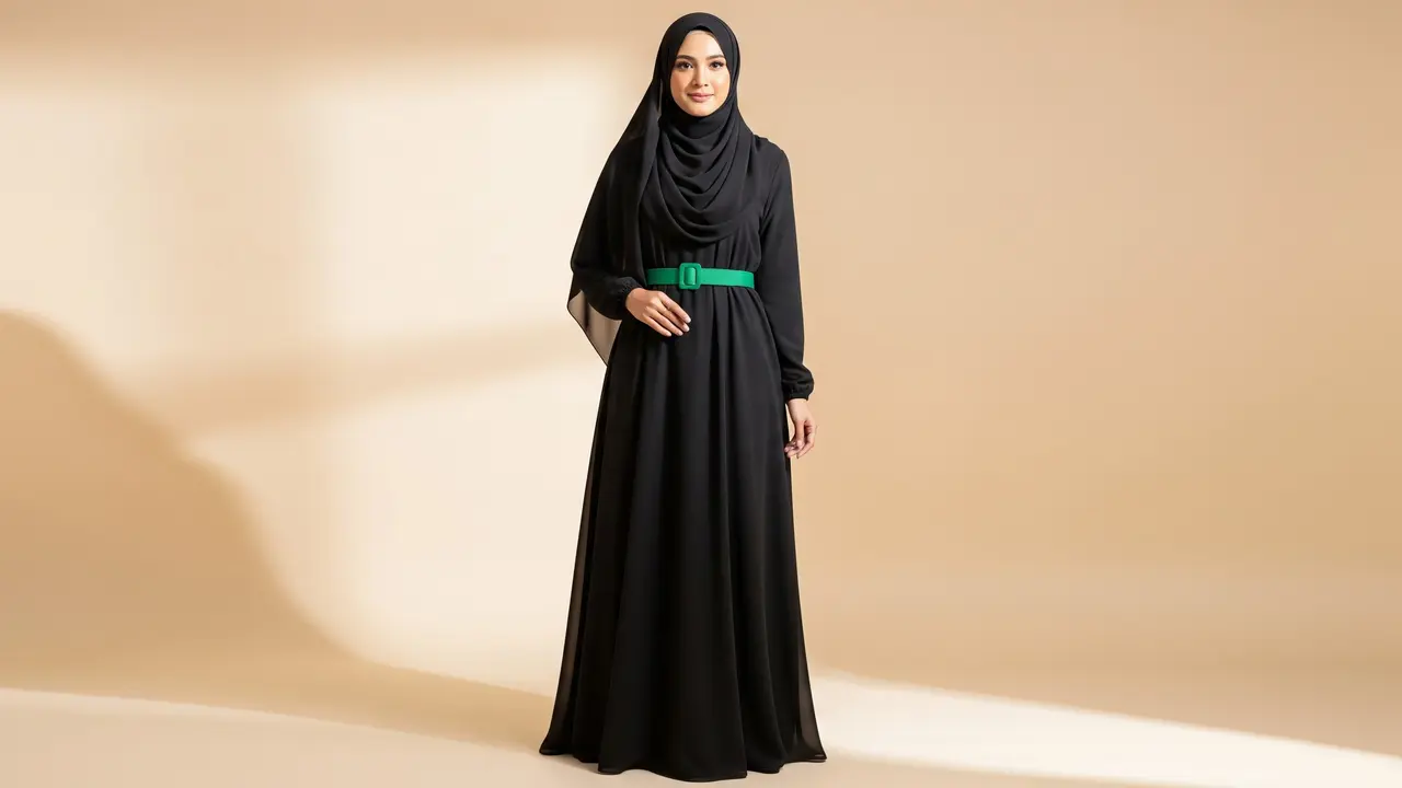 Model Gamis Terbaru Hitam Kombinasi Belte