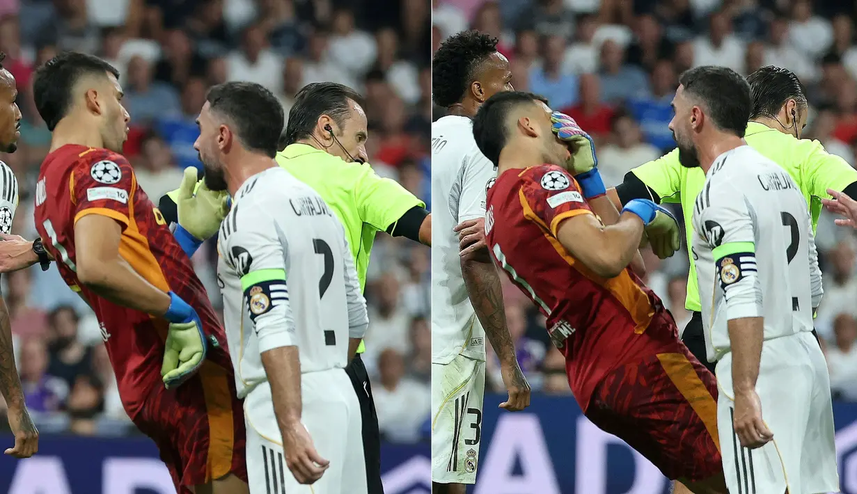 Bek veteran Real Madrid Dani Carvajal terekam kamera menanduk kiper Marseille Gerónimo Rulli pada menit ke-72. (AFP/Thomas Coex)