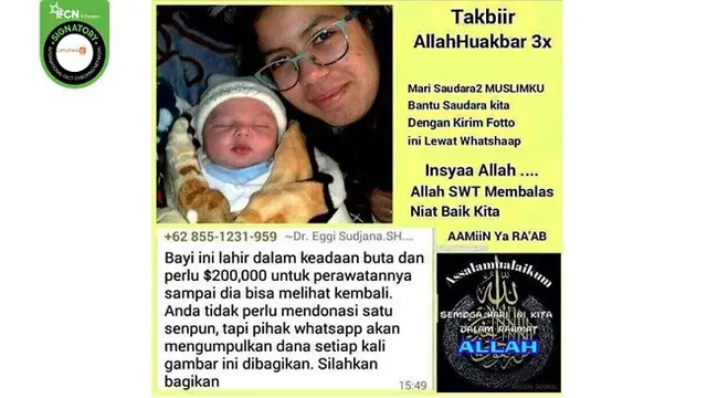 Gambar Tangkapan Layar Kabar Hoaks WhatsApp Kumpulkan Dana Jika Pengguna Membagikan Gambar Bayi.
