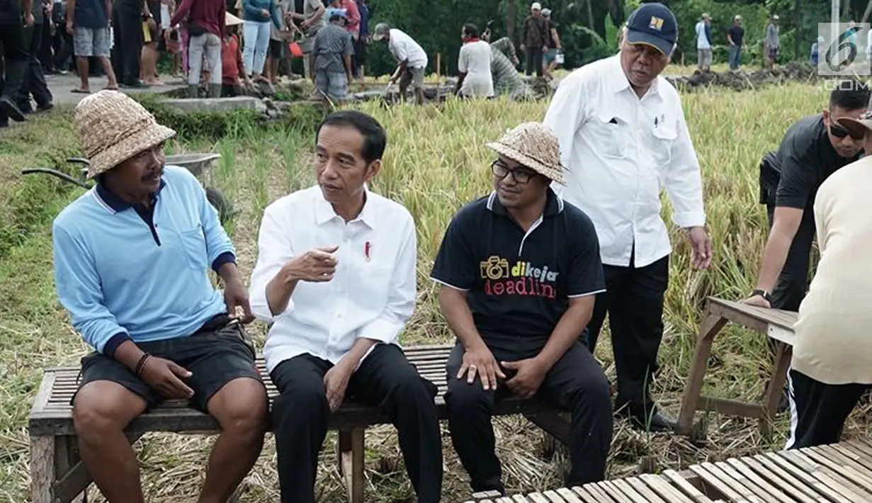 Momen saat Presiden Joko Widodo berdialog dengan warga di Desa Kukuh, Kecamatan Marga, Tabanan, Bali, Jumat (23/2). Para warga tersebut terlibat dalam pelaksanaan padat karya tunai irigasi kecil dan jalan produksi. (Liputan6.com/Pool/Biro Pers Setpres)