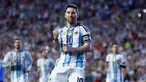 Pemain Argentina, Lionel Messi, melakukan selebrasi setelah mencetak gol ke gawang Islandia pada laga uji coba di Jordan-Hare Stadium, Auburn, Alabama, Amerika Serikat, Rabu (10/6/2026). (AP Photo/Butch Dill)