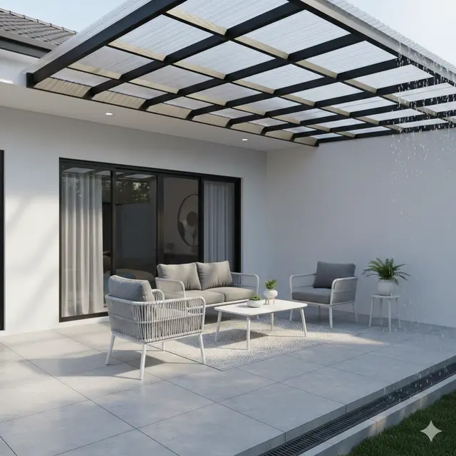 Inspirasi Teras Rumah yang Dingin Tanpa Tanaman Besar (Foto: Gemini AI)