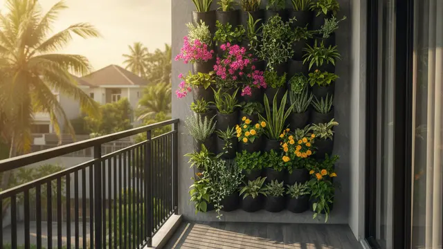 Model Balkon Rumah Sejuk dengan Tanaman Tahan Panas. AI