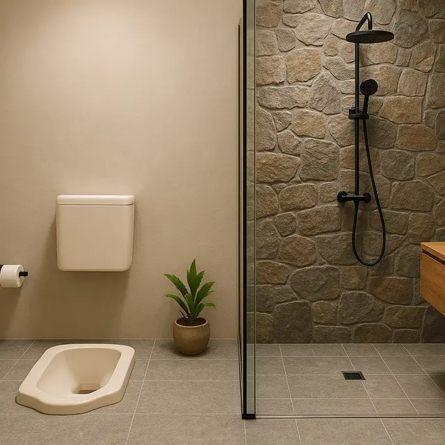 Model Kamar Mandi Kloset Jongkok Dengan Sekat Shower/Ilustrasi AI